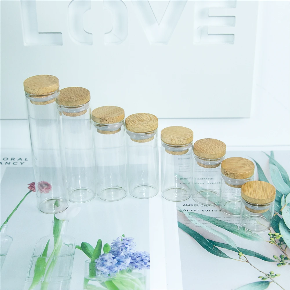 

10ml 15ml 20ml 25ml 35ml 40ml 50ml 65ml Clear Glass Bottles have Bamboo Wood Rubber Lid Simple Elegant Gift Crafts Refillable