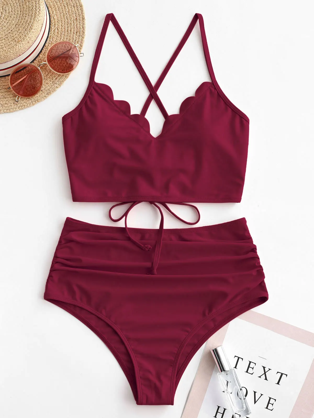 

ZAFUL Scalloped Lace-Up Ruched Tankini Swimsuit Petal Back Strap Shoulder Strap Set Criss Cross Crop Top High Waisted Swimsuit