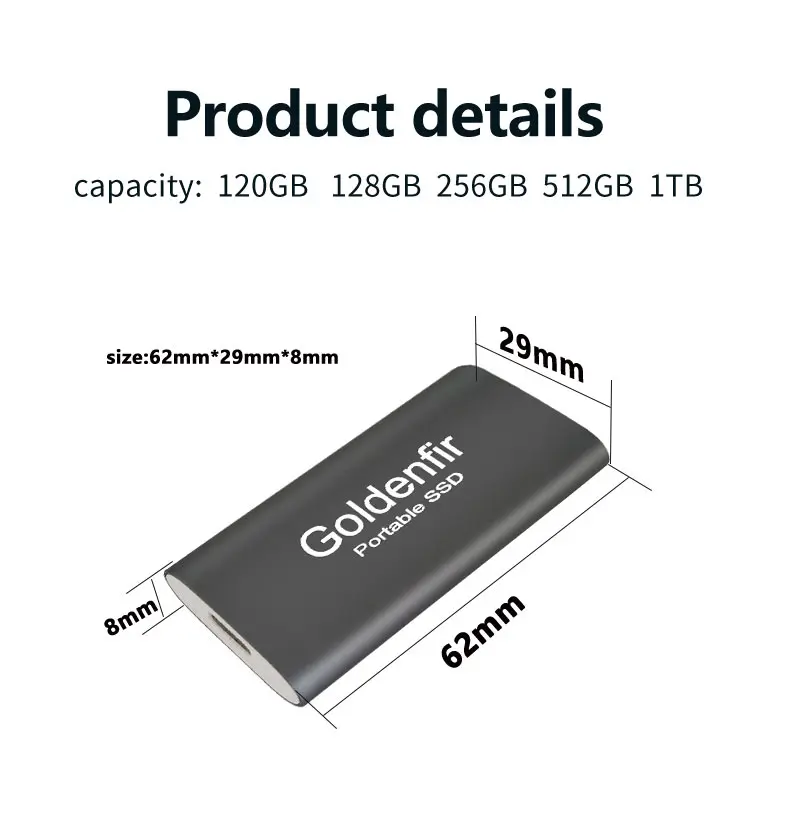Goldenfir Mini Portable SSD 60GB 64GB 120GB 128GB 240GB 256GB 480GB 512GB 960GB 1TB USB 3.0 External Solid State Drive