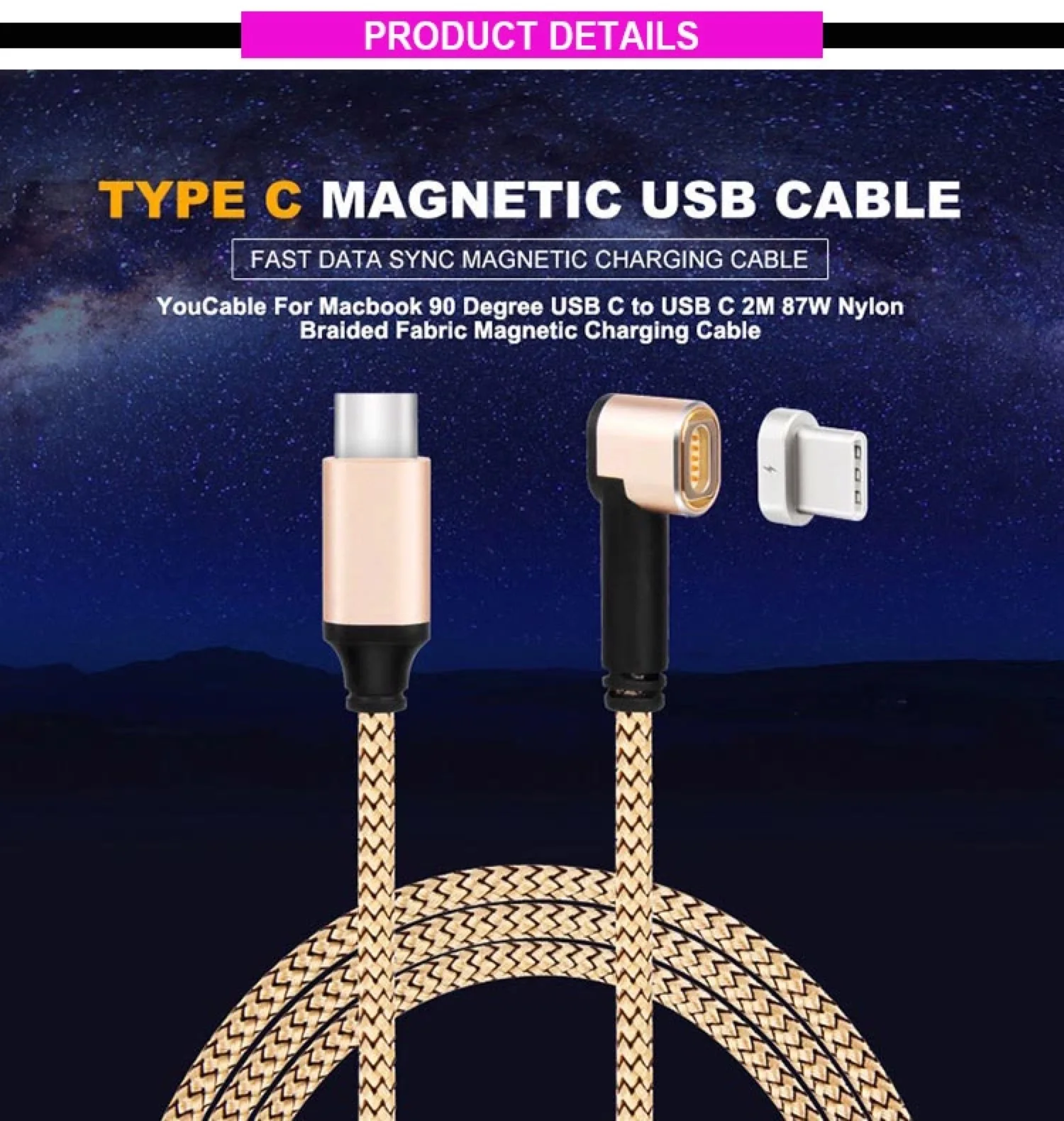 2 м 87 Вт Магнитный PD type C к usb type C кабель для быстрой зарядки 4.5A USB C кабель для зарядного устройства для Macbook Pro air huawei samsung S9 S10