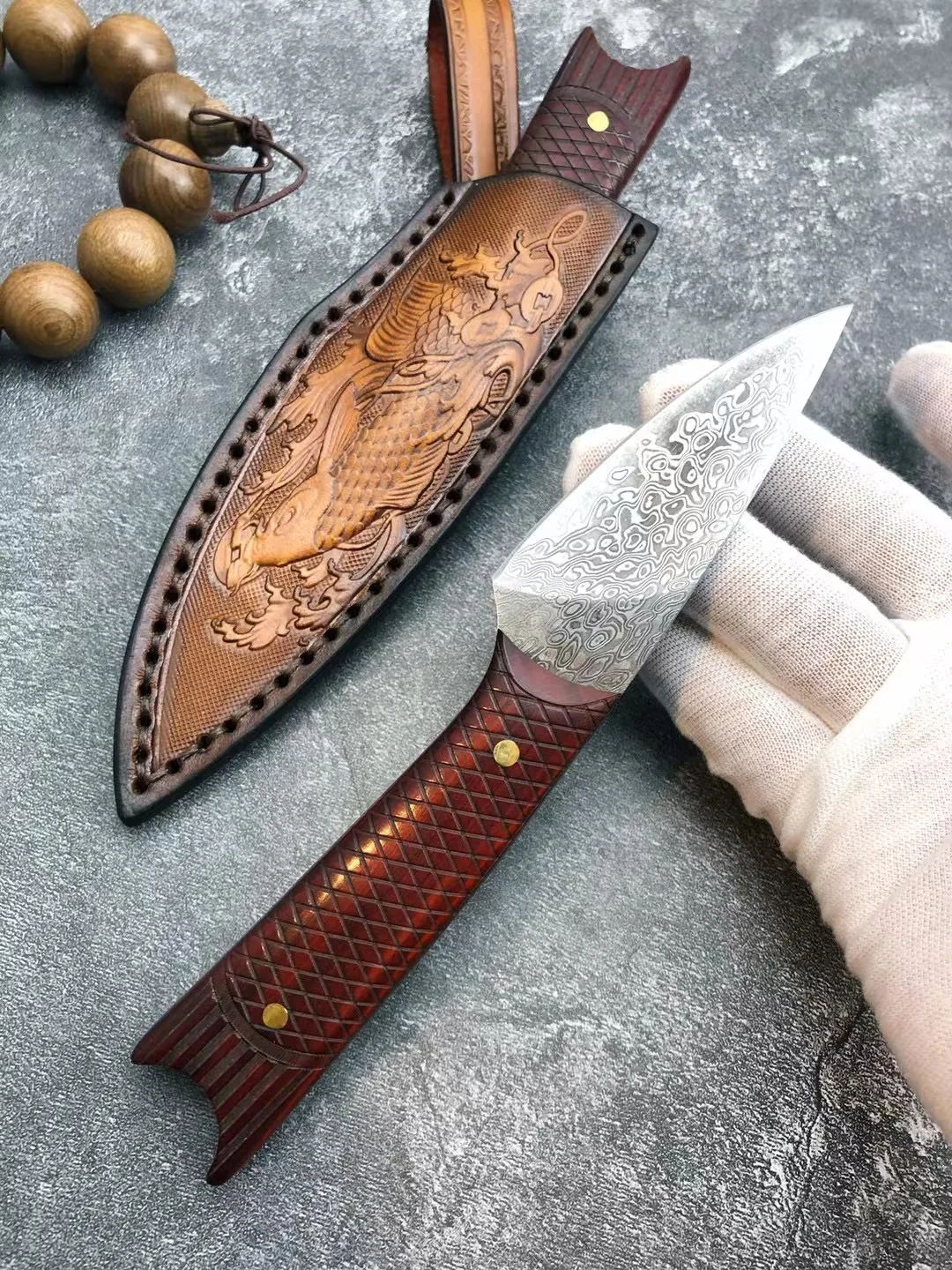 Дамасская сталь 60HRC высококачественный прямой нож с ручкой красной тени