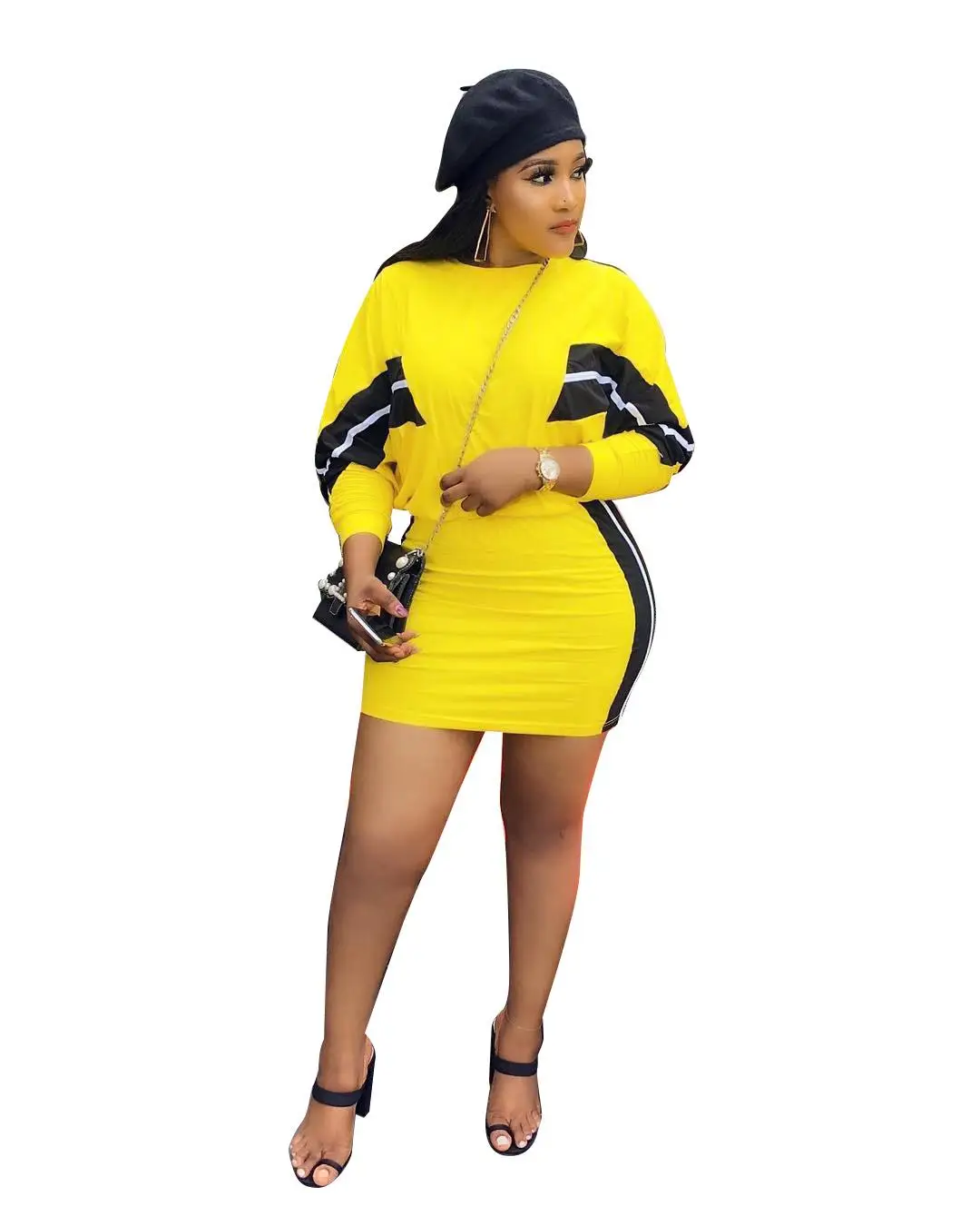 

ZITY 2020 Women Stripes Splicing O -Neck Bat Wing Long Sleeve Mini Midi Skirts Suit 2 Pieces Set Fashion Active Wear Bodycon Dre