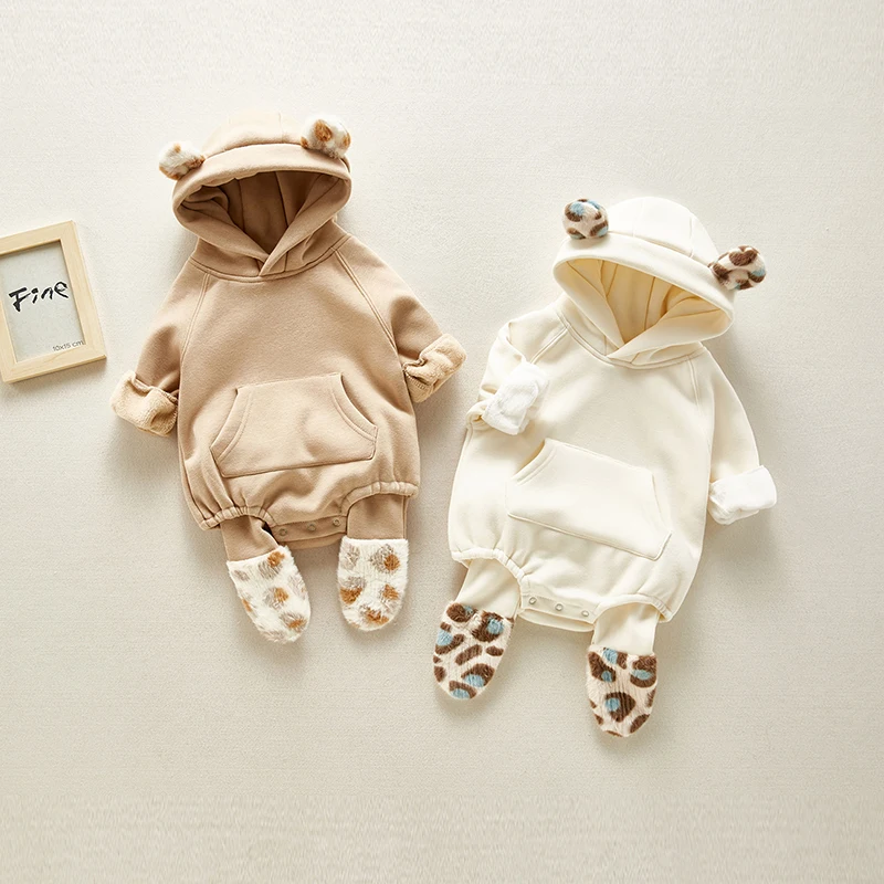 

Winter Baby Children Clothes Sets Cute Fleece Eear Rompers and Leopard Patchwork Pantyhose Kids Suits Boys Girls Clothing