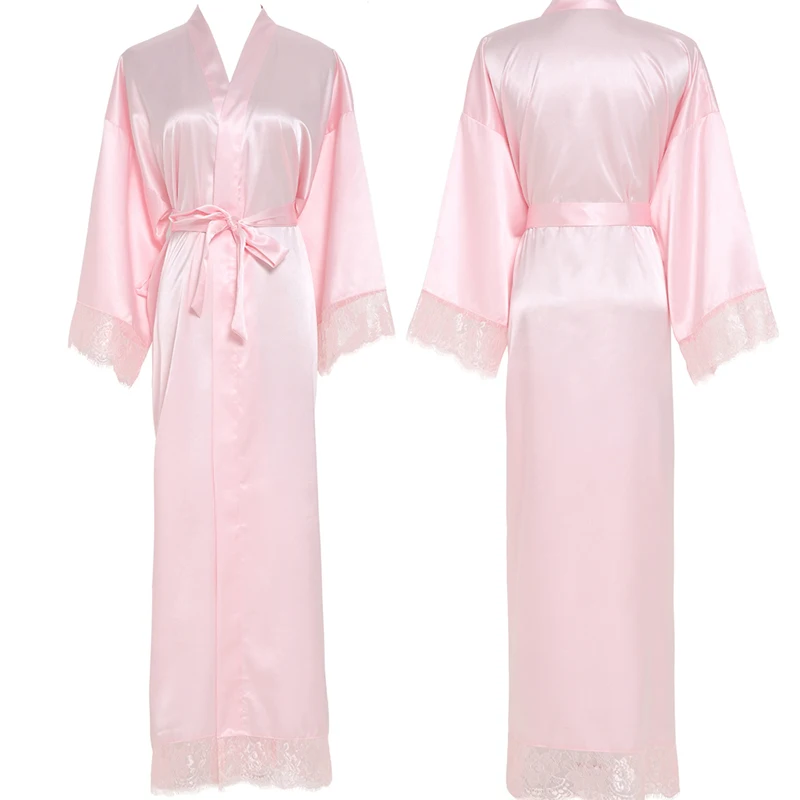 Silk Satin Robe Bridesmaid Robes Lace Robe Long Sleeve Bridal Wedding Robe Sleepwear Bathrobe Long Gowns for Women Pink