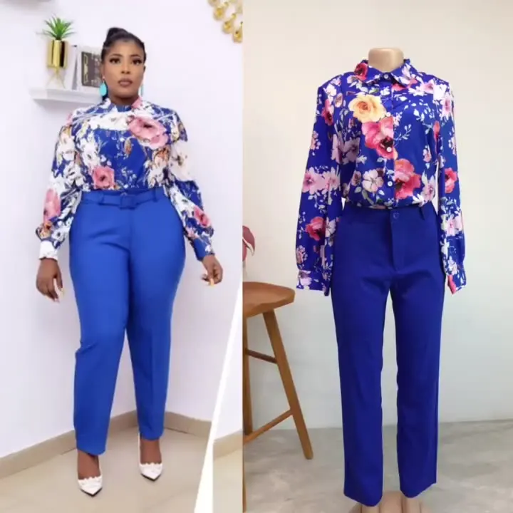 

Casual Print Tops Slim Pants Two Piece Pants Set Women Set 2 Piece Outfits Blouse Trousers Plus Size 2021 Chic Women Clothing
