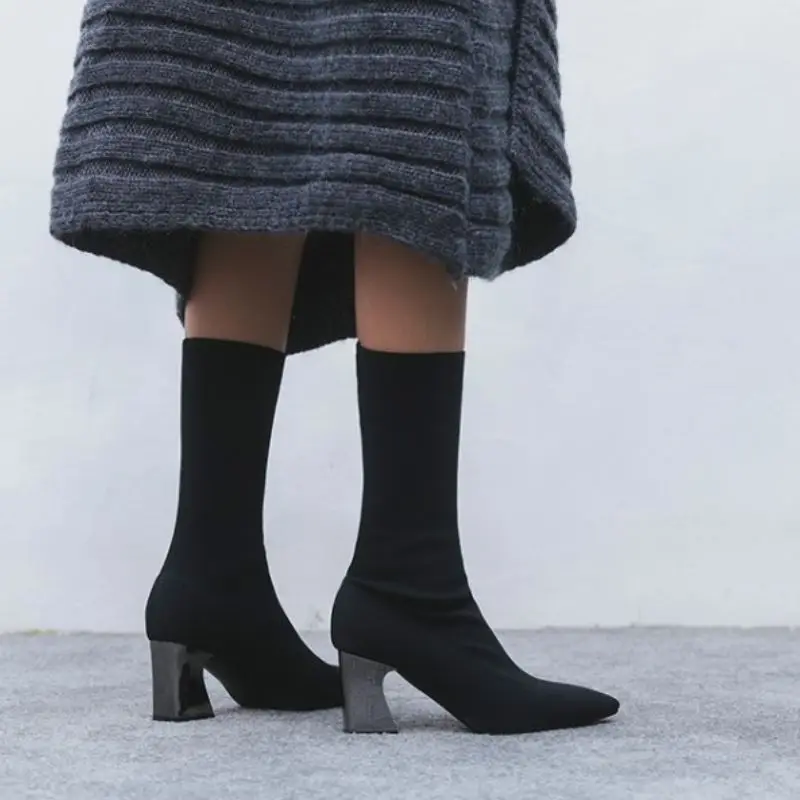 

KemeKiss Women Short Boot Sexy Pointed Toe High Heel Winter Shoes Woman Warm Stretch Boot Casual Daily Party Footwear Size 33-42