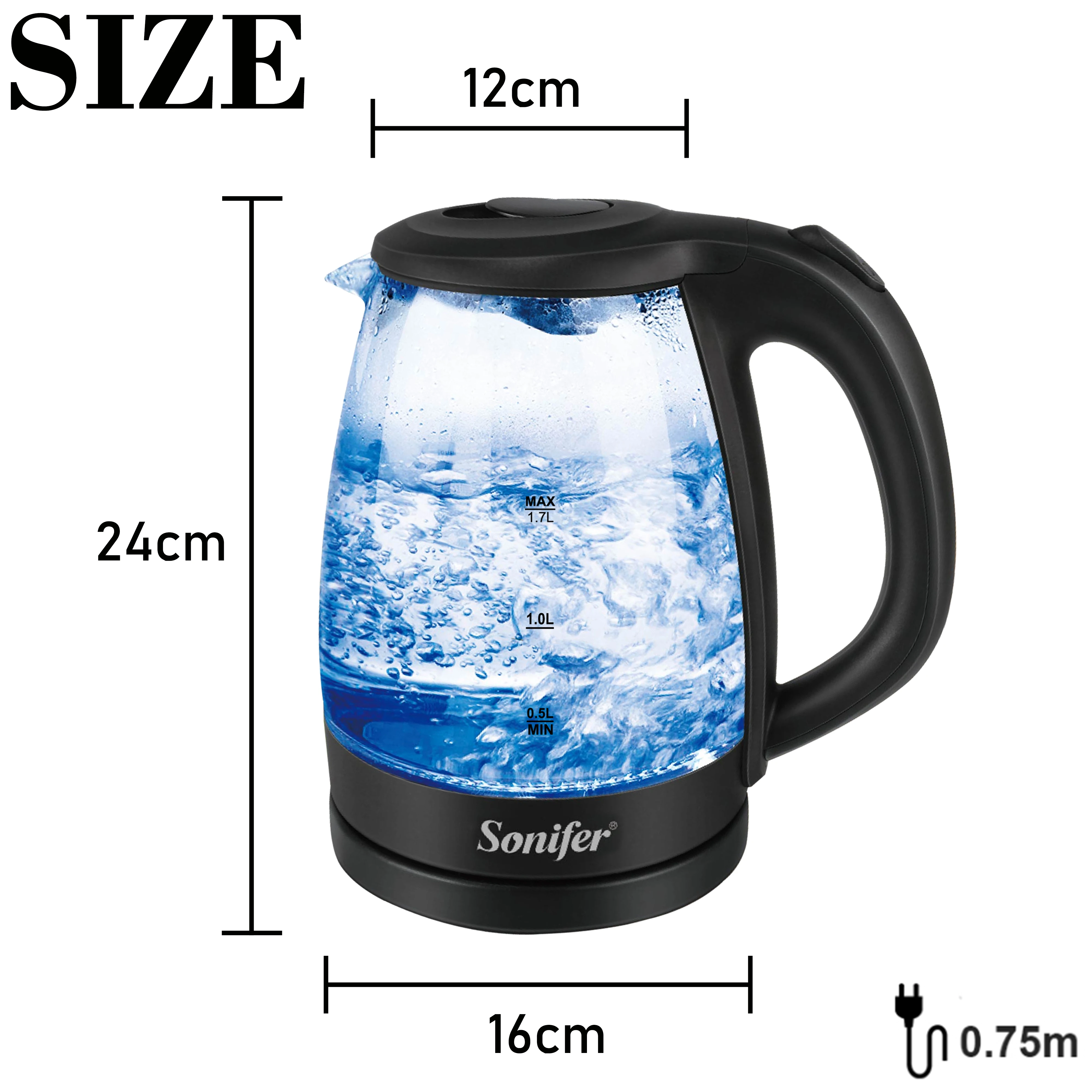 

1.7L Cordless Electric Kettle Glass 2200W Household Quick Heating Electric Boiling Pot Sonifer