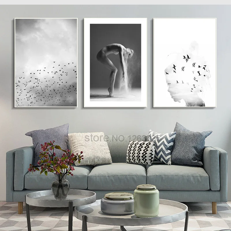 Черно-белая птица настенная живопись скандинавский плакат холст картины для