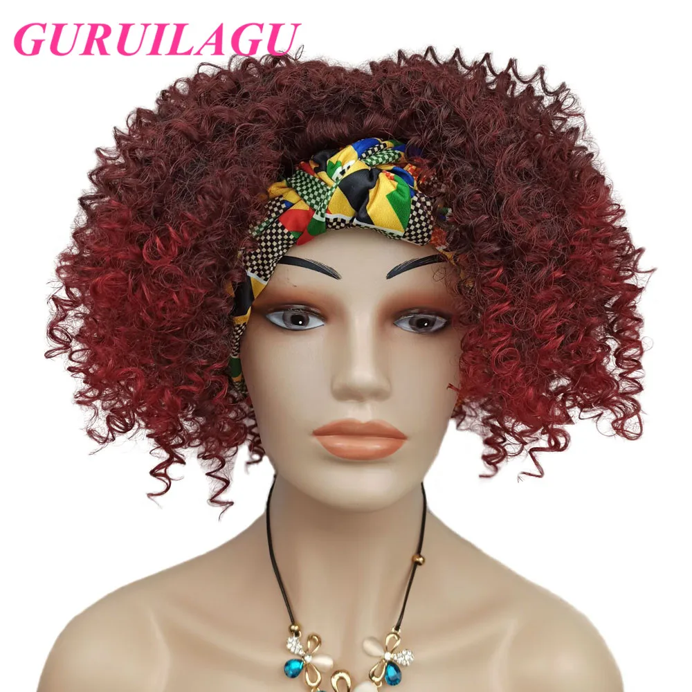 

GURUILAGU Afro Kinky Curly Wig Women Color 99J Headband Wig Heat Resistant Fiber Wigs for Black Women Short Synthetic Wig Hair