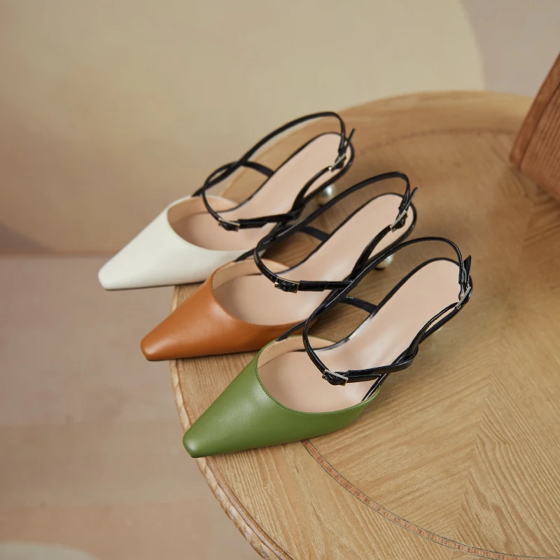 

JOCHEBED HUWomen Genuine Leather Slippers Cross Tied Pointed Toe Thick High Heels Shoes Ladies Casual Slip On Pearl Shoes 2021