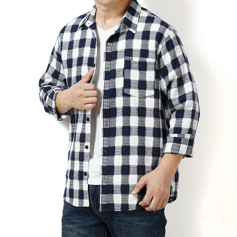 

Men's autumn new cotton plus fat Plaid large sleeve loose casual shirt