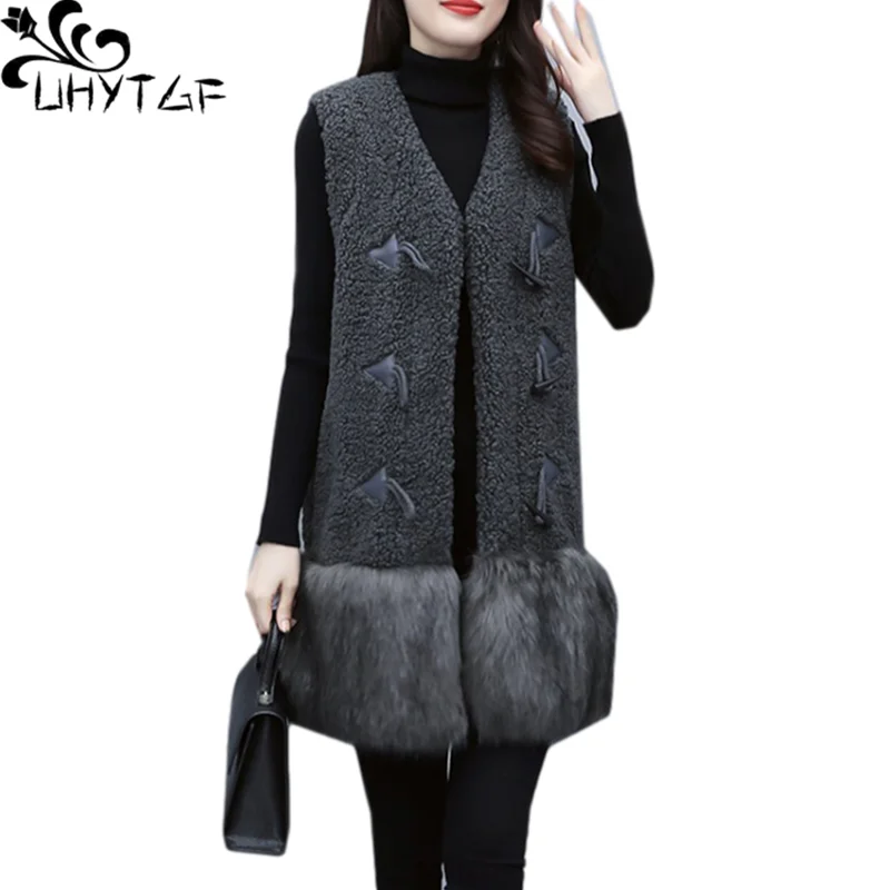 

UHYTGF Quality Lambswool Autumn Winter Vests For Women Fashion Stitching Female Jacket Casual Warm 5XL Plus Size Waistcoat 1956