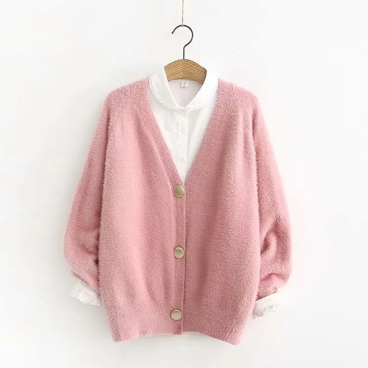 Loose Cardigan Sweater Women Gold Buckle Knitted Jacket Coat Solid Color V Neck Cardigan Autumn Winter Women Clothes