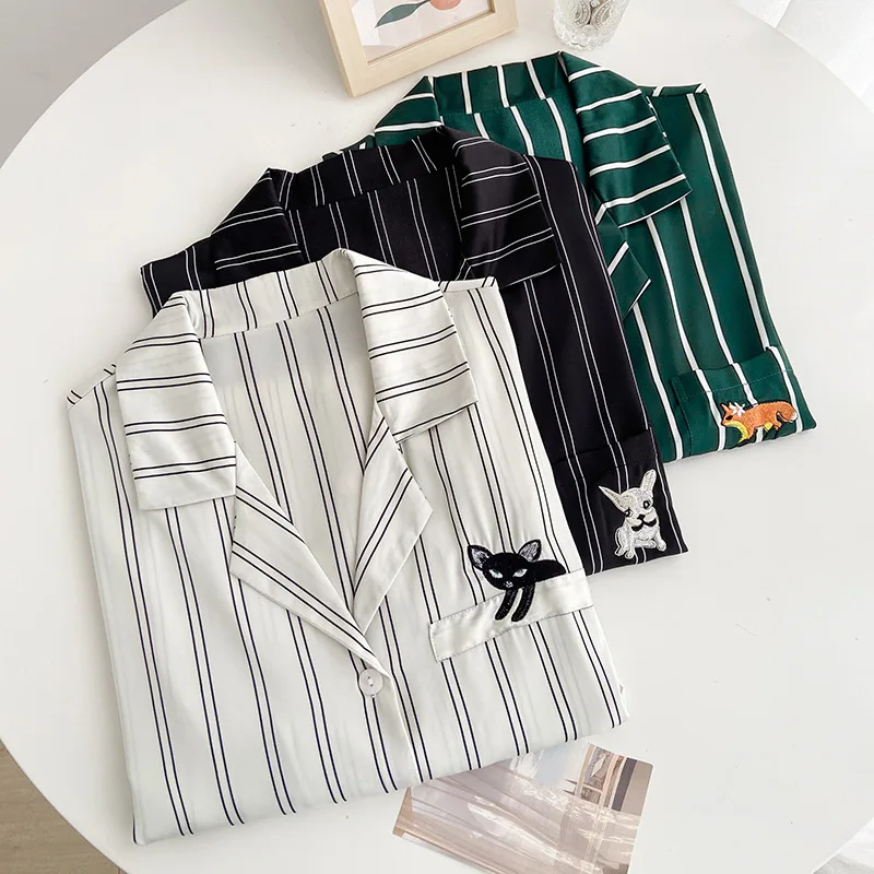 

Long Sleeve Sleepshirt Satin Print Striped Women Home Clothing Pyjamas Intimate Lingerie Casual Short Homewear Nightgown