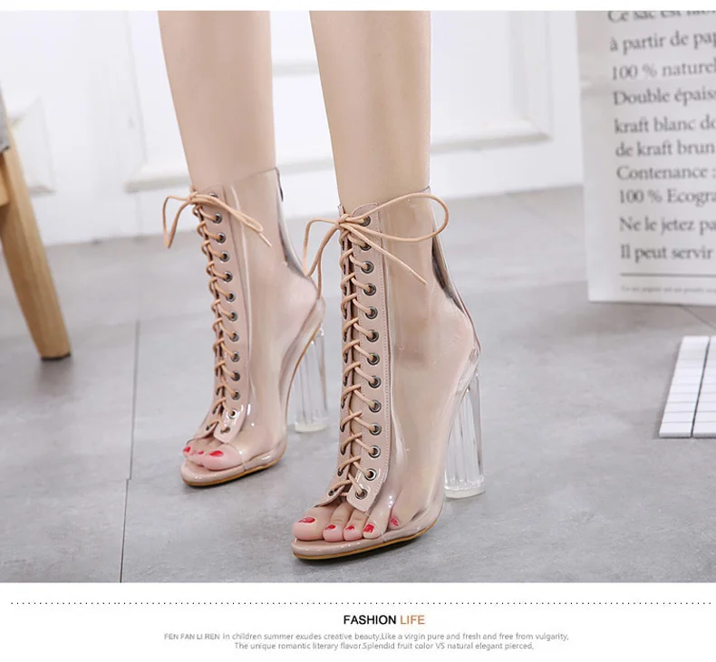 Новые летние женские сапоги. Прозрачные босоножки с широко открытым носком на высоком толстом каблуке модные сандалии большого размера в европейском и американском стиле