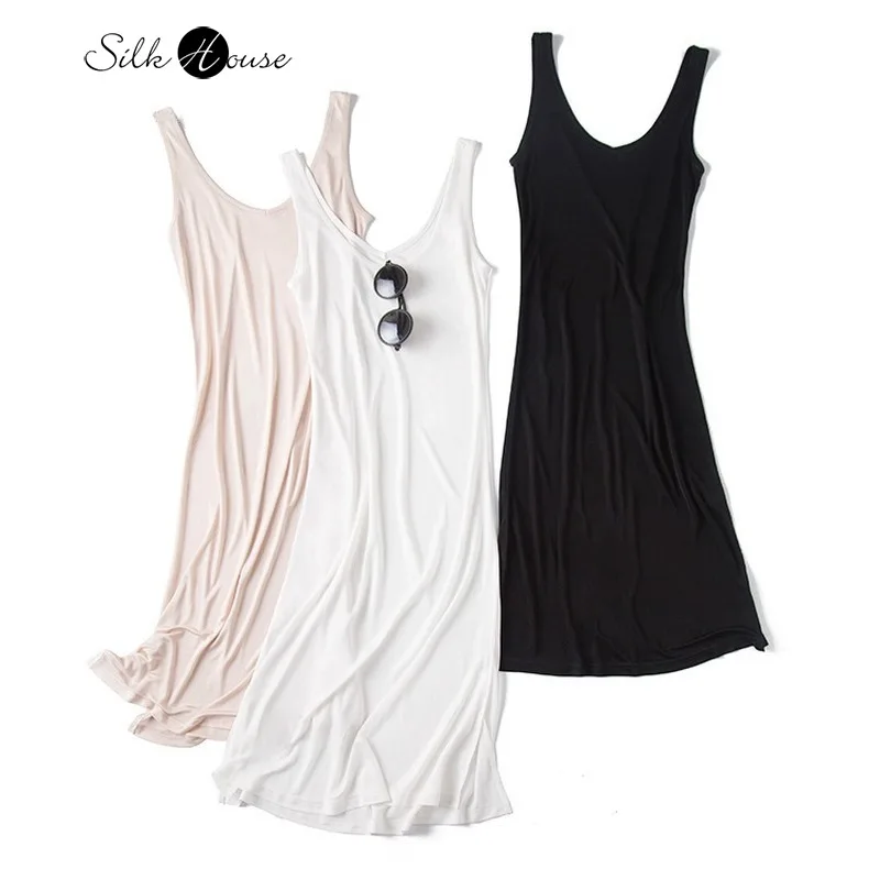 Cor sólida dupla face de malha seda amoreira sem mangas vestido com decote em v midi colete vestido feminino (0)