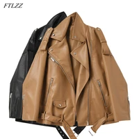 ftlzz spring autumn faux leather jackets women loose casual coat female drop shoulder motorcycles locomotive outwear with belt