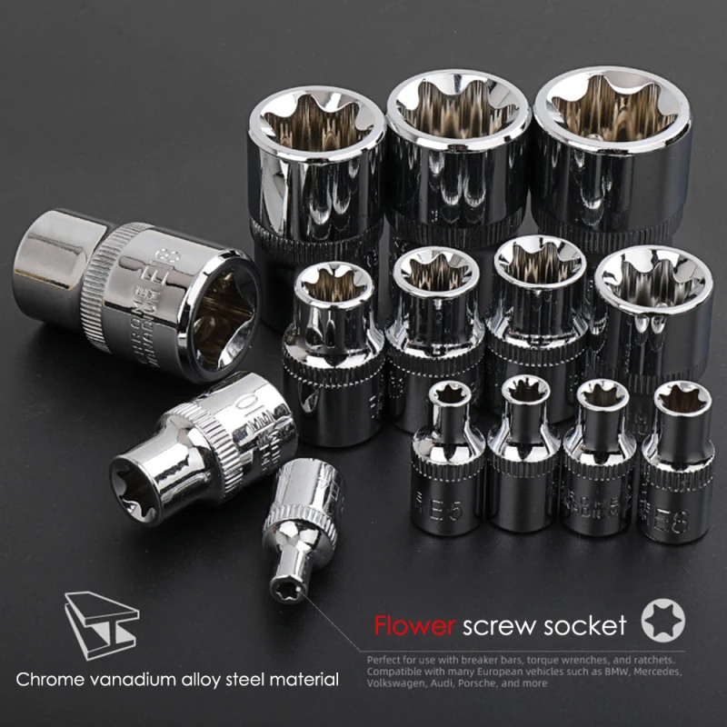 

14-Piece E-Torx 1/2" 3/8" 1/4-Inch Drive E4 to E24 External Star Torx Socket Bits Torque Wrench Tools For Mechanics