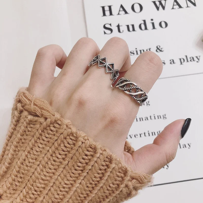 HUANZHI 2020 Simple Chain Twine Irregular Geometric Rings Vintage Thai sSilver Open Adjustable Ring for Women Men Jewelry | Украшения и