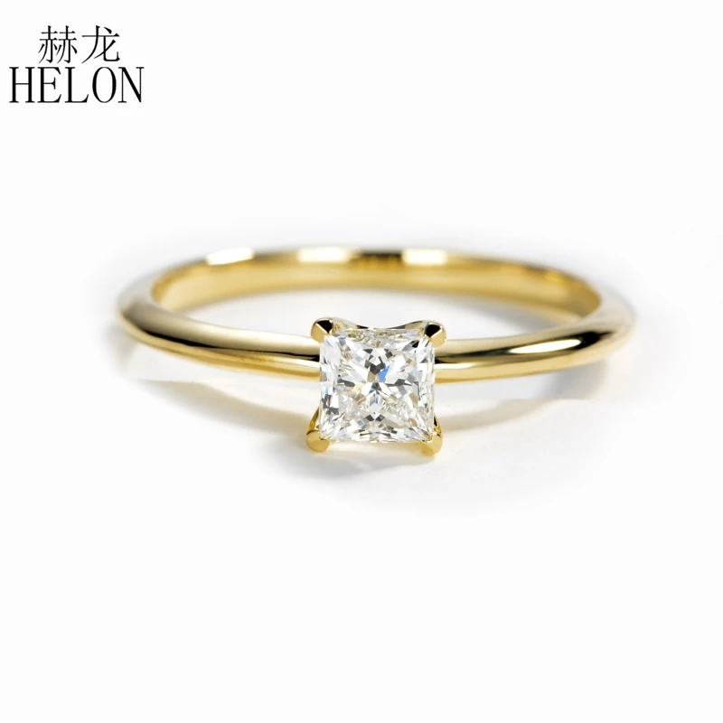 HELON 0.5ct принцессы Moissanites кольцо твердого 10K желтого золота VVS/DEF выращенные