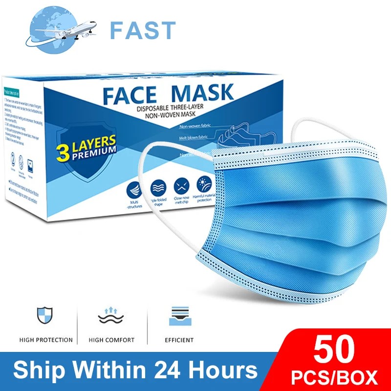 Антибактериальная маска 50 шт./коркор. одноразовая для лица из фильтровальной