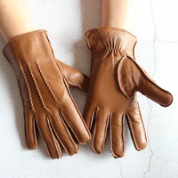 goatskin deerskin gloves mens autumn thin wool winter plus cashmere cold and warm yellow brown finger leather gloves