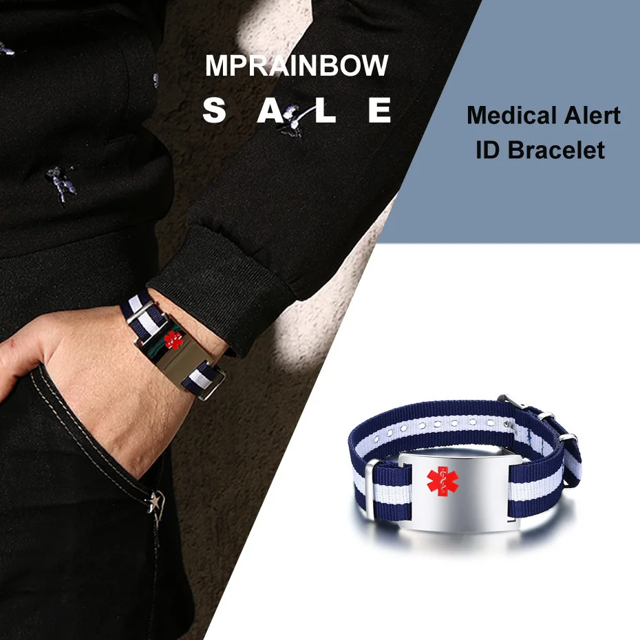 Медицинский идентификационный браслет для мужчин и мальчиков, регулируемый браслет в бело-синюю полоску, мужские ювелирные изделия, гравировка