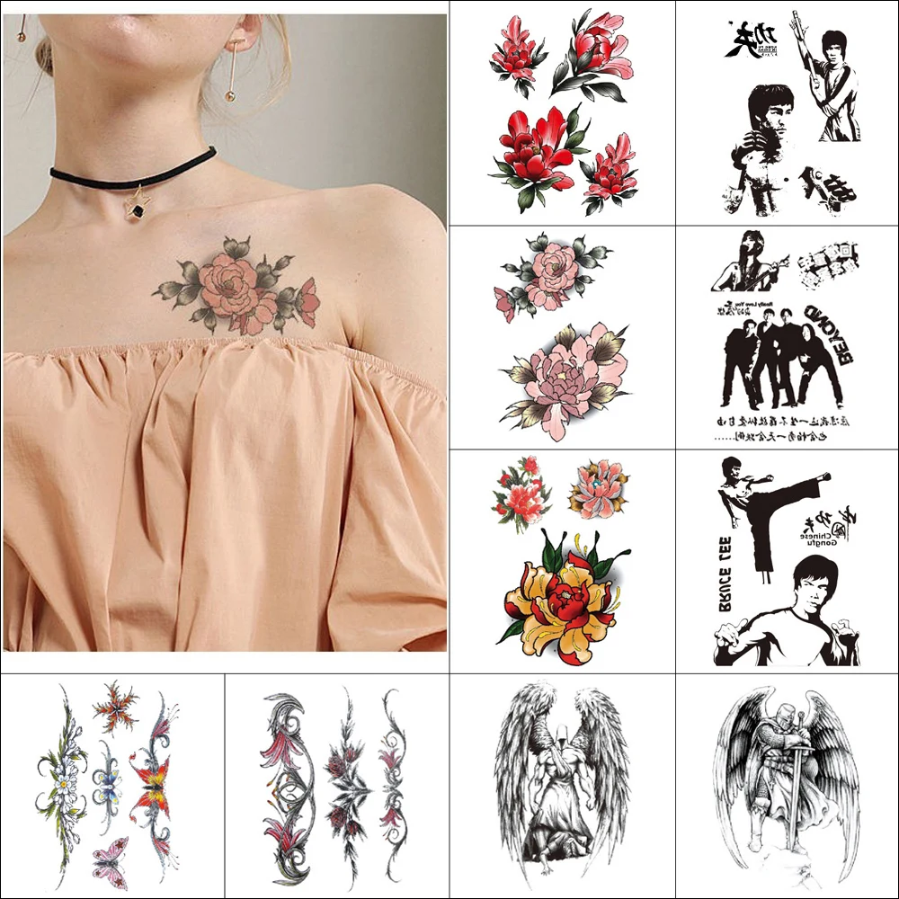 Черные временные фальшивые татуировки стикер angel deity WaterColor flower китайский кунг фу