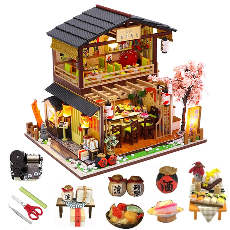 Big Dollhouse Diy Miniature Kit Roombox Tiny House Sushi Shop Assemble Model Wooden Doll House Furniture Kids Toys Birthday Gift