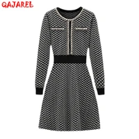 2022 autumn winter knitted houndstooth sweater dress elegant black long sleeve casual sweater vintage bodycon party mini vestido