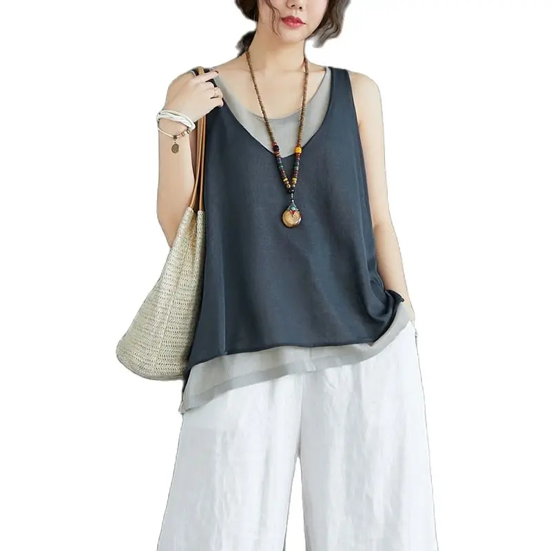 

Women's Clothing 2021 The New Summer Fake Two Cotton and Linen Vest Loose Inside Knitting Sling Coat External Wear
