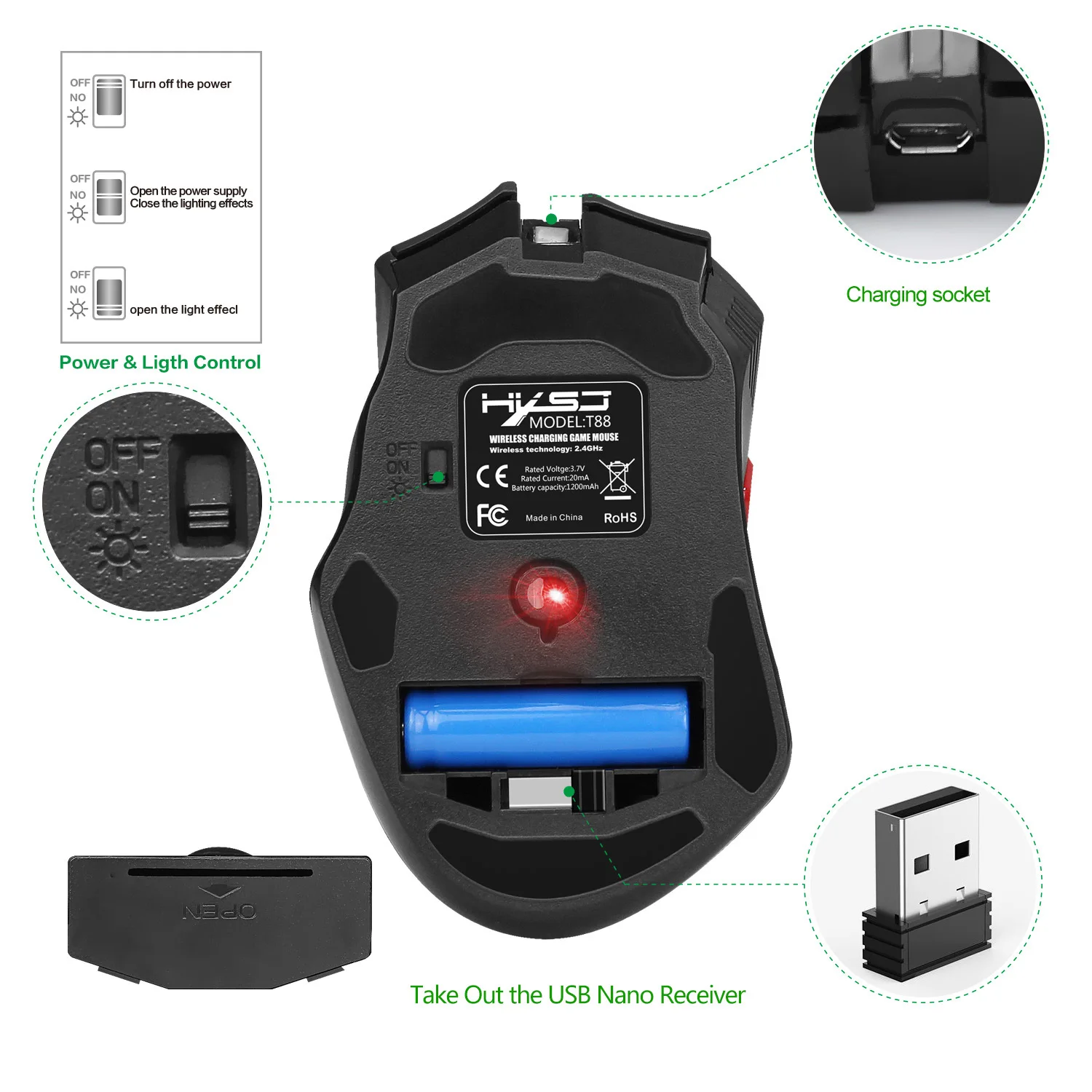 Беспроводная игровая мышь 2 4 ГГц USB 4800DPI перезаряжаемая макро разрешение 7 цветов