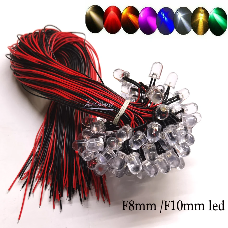 50PCS/lot DC5-12V 8mm 10mm Red/Green/Blue/Pink RGB Fast Slow white Yellow Round Pre-Wired Water Clear LED With Plastic Holder