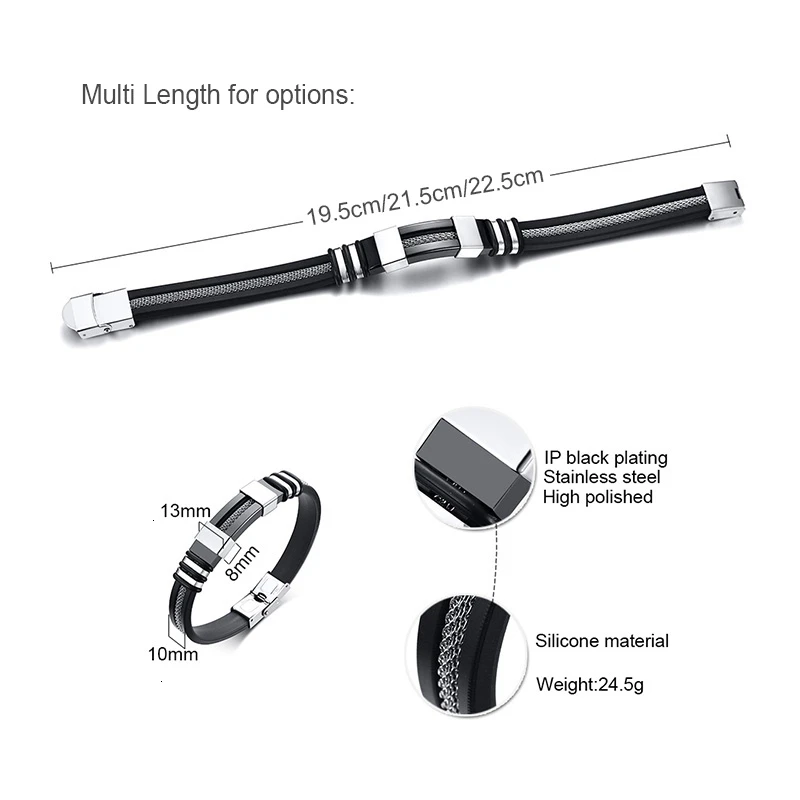 

Stainless Steel Bracelet Men Wrist Band Black Grooved Rudder Silicone Mesh Link Insert Punk Wristband Stylish Casual Bangle
