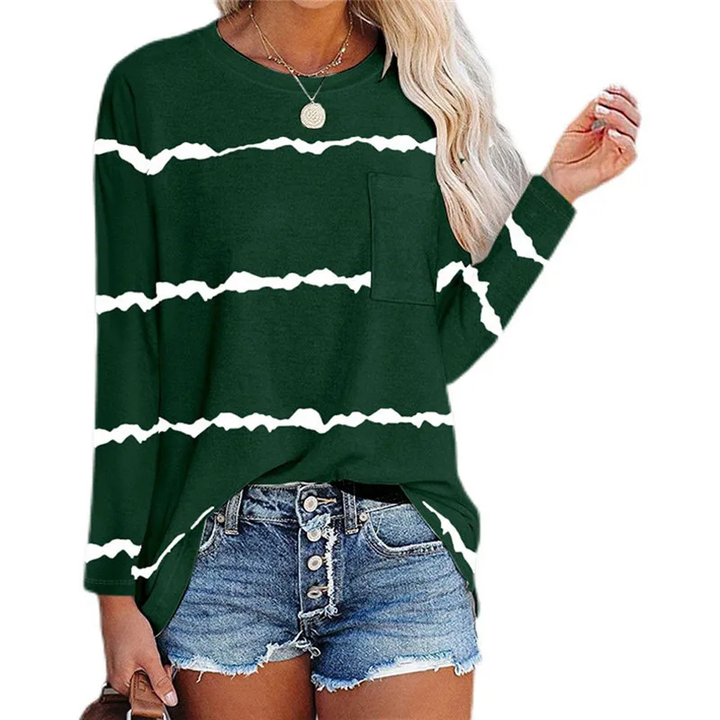 

New Fashion Stripe Pritned Pockets Splice Tops Women Autumn Long Sleeve O-Neck Loose T-Shirt Lady Pullover Tops Casual T-Shirts