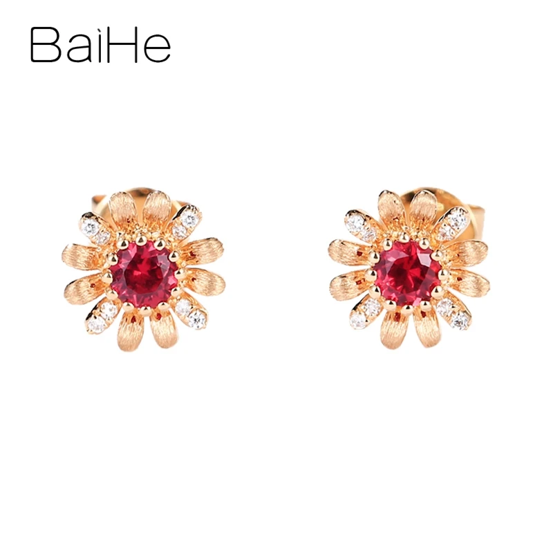 

BAIHE Solid 14K Rose Gold Natural Ruby Natural Diamond Flower Stud Earrings Women Fine Jewelry Aretes flores cercei cu flori