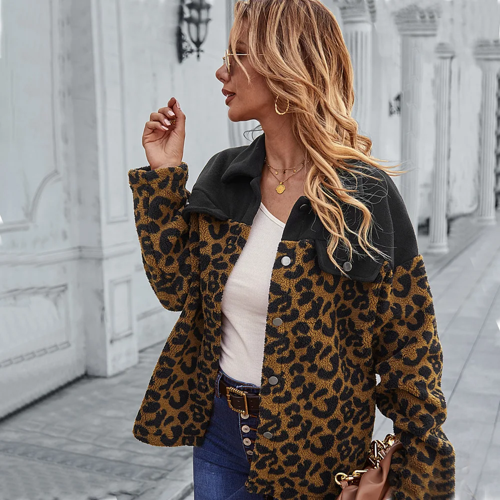 

2022 Fashion Leopard Patchwork Women Teddy Coat Autumn Fluffy Plush Winter Faux Fur Jacket Coat Women's Winter Jacket Sweater