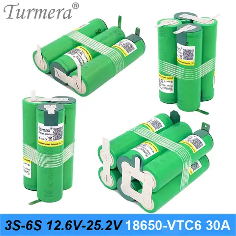 Аккумулятор Turmera 3S, 12,6 в, 4S, 16,8 в, 5S, 21 в, 6S, 25 в, VTC6, US18650VTC6, 3000 мА · ч, 30 А, для отвертки 18 в