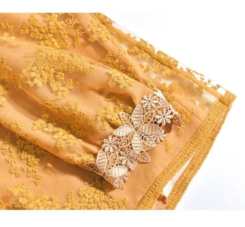 

2021 Spring Fall Kroean Women V Neck Yellow Embroidery Lace Patchwork Top Blouse , Woman Casual 3xl 4xl Blouses Tops