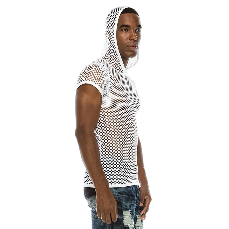White Hoodie Tshirt Мужские прозрачные сексуальные сетчатые футболки, новинка, прозрачные сетчатые майки с длинным рукавом, вечерние майки для ночного клуба - Цвет: White Hoodie Tshirt