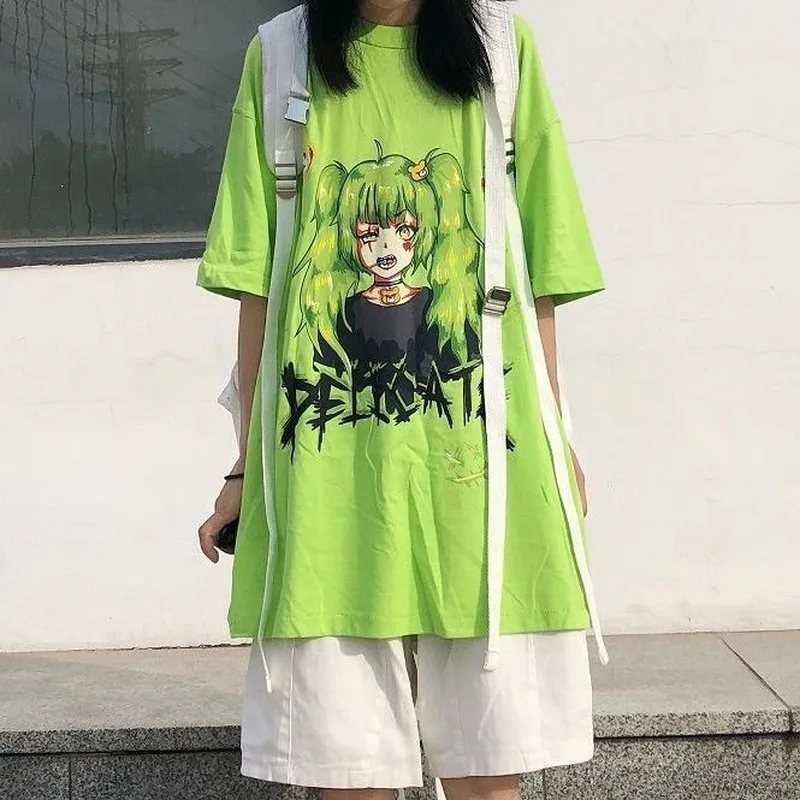 

QWEEK Gothic T Shirt Women Japanese Harajuku Anime Cute Print Vintage Loose Streetwear T Shirt Femme Mall Goth Tops
