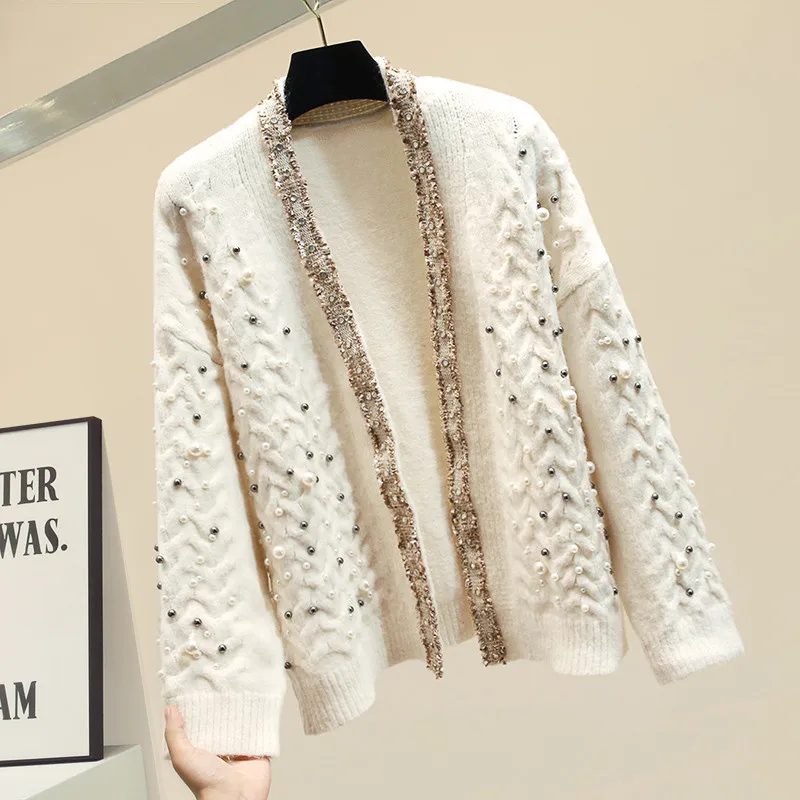 2019 Осень Зима тяжелая промышленность жемчуг твист вязаный Открытый свитер