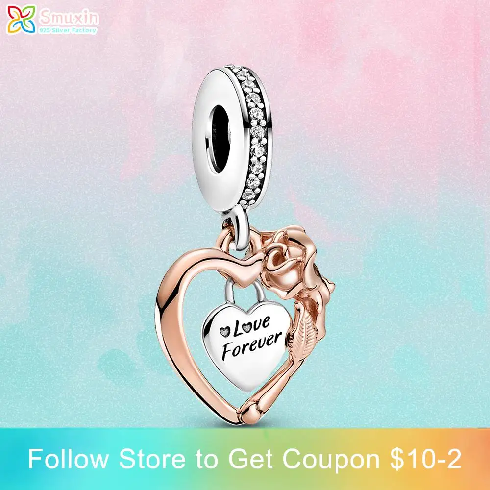 

Smuxin 925 Sterling Silver Beads Heart & Rose Flower Dangle Charm fit Original Pandora Bracelets for Women Jewelry Making Gift