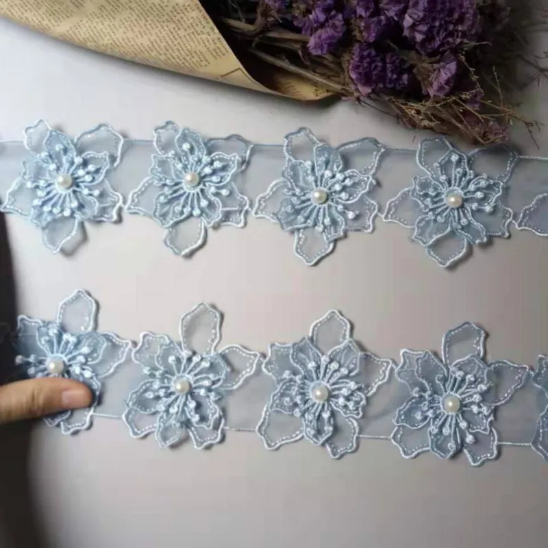 20 шт./лот 8 см ткань с вышивкой из органзы синими лепестками и цветами кружевная