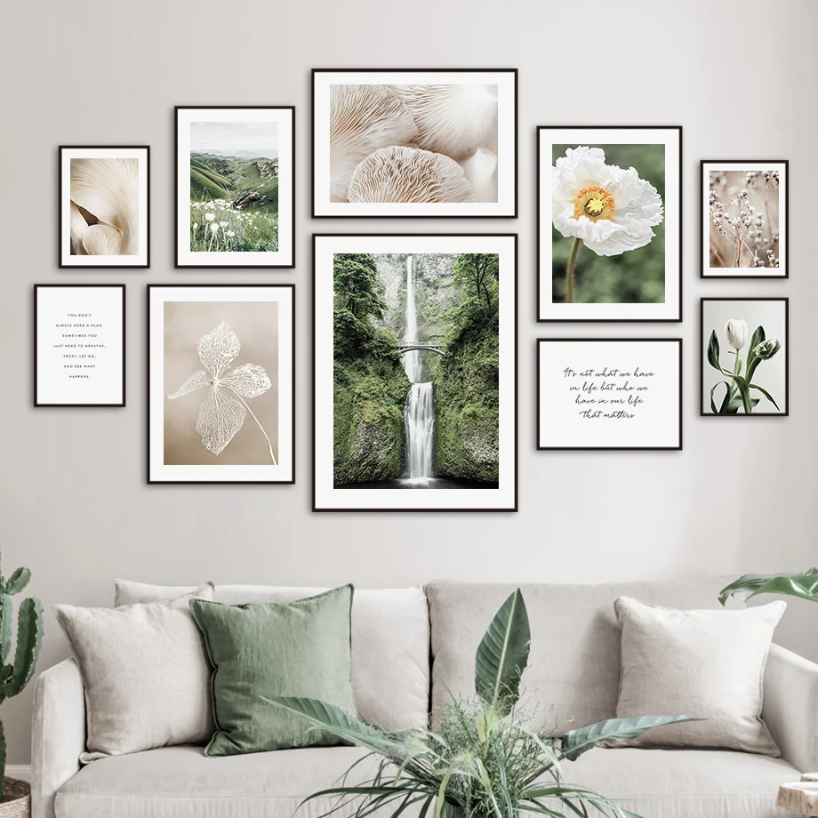

Mountain Waterfall Mushroom Flower Quotes Wall Art Canvas Painting Nordic Posters And Prints Wall Pictures For Living Room Decor
