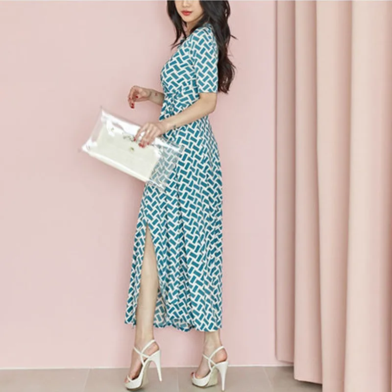 

COIGARSAM Fashion Print Women dress New Summerach Style Dresses Green Square 1896