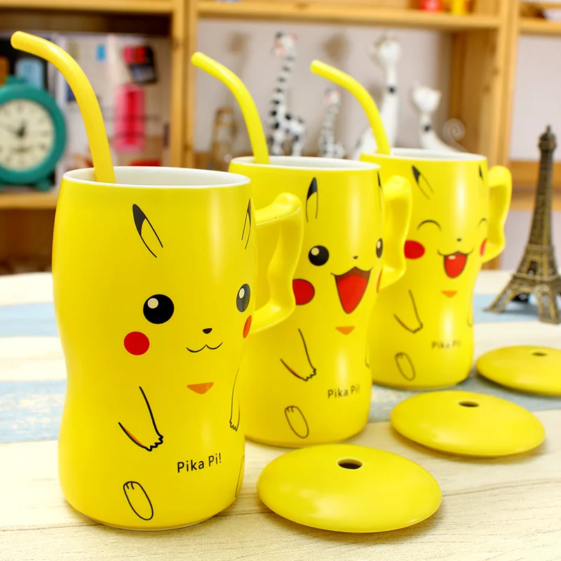 Мультяшная керамическая чашка для чая с соломинкой и крышкой милая пика аниме