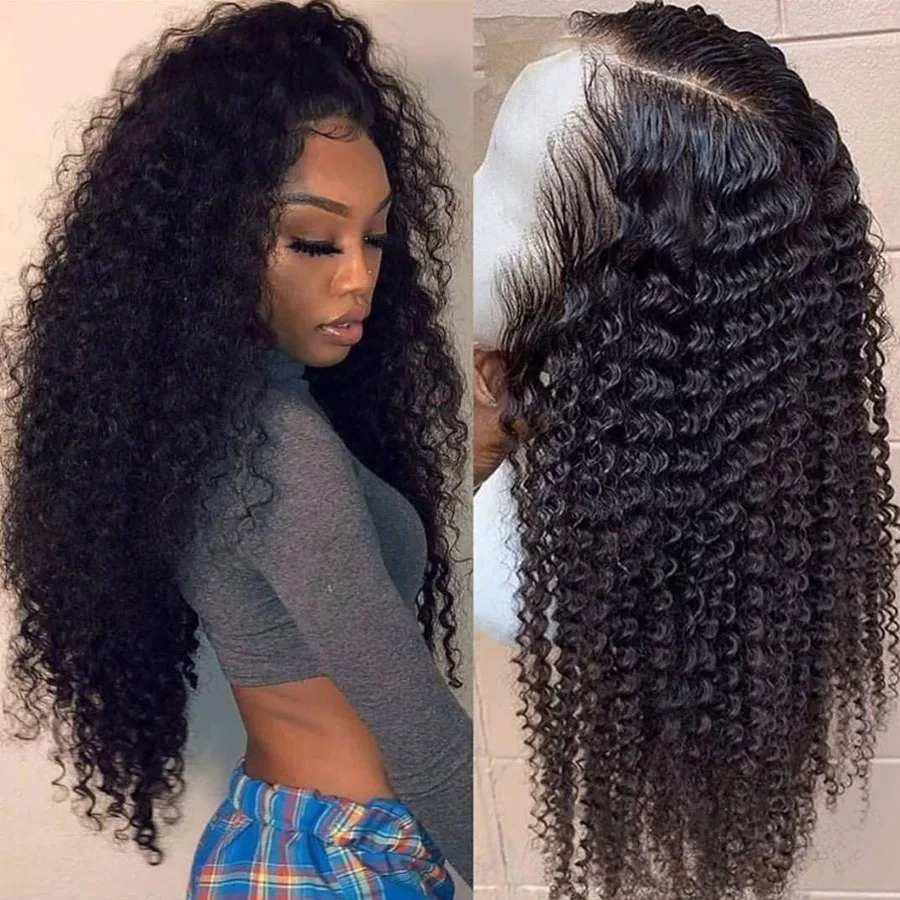 

180% Density Kinky Curly Preplucked Natural Black Transparent 13x4 Lace Front Wig With Baby Hair Human Hair Wig Adjustable Strap