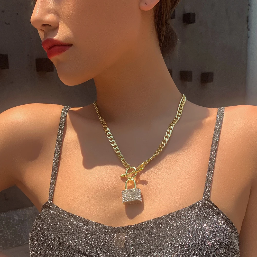 

Lalynnly Lock Rhinestone Pendant Choker Necklaces Fashion Gold Silver Color Chains Necklace For Women Girls Trendy Jewelry N7580