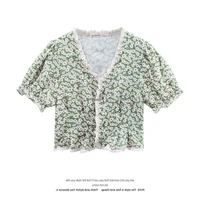 women peplum blouse sweet french v neck floral short sleeve shirt with auricular edge summer tops ez
